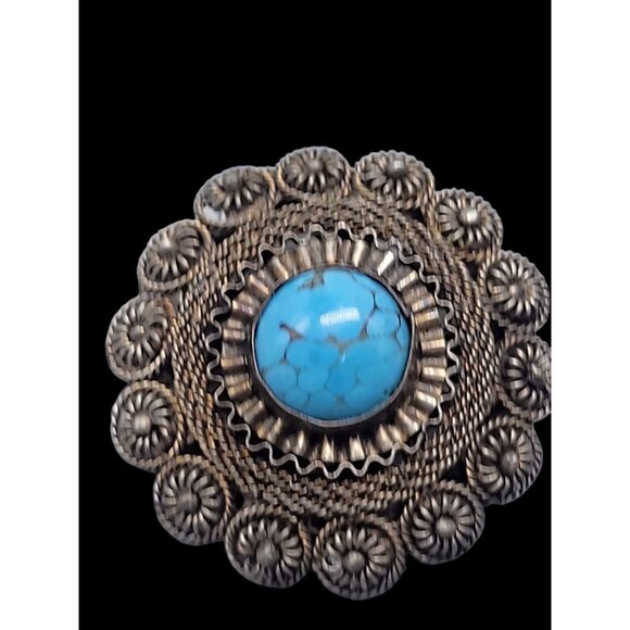 Faux Turquoise Silver Plated Brooch Pendant Blue Glass Filigree Setting Vintage - Picture 4 of 16